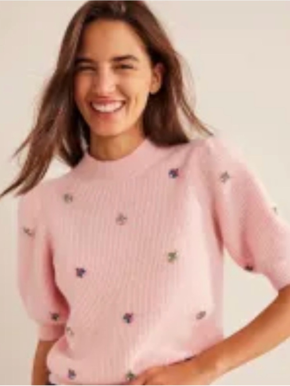 Boden Pink Embellished Ribbed Crewneck Sweater